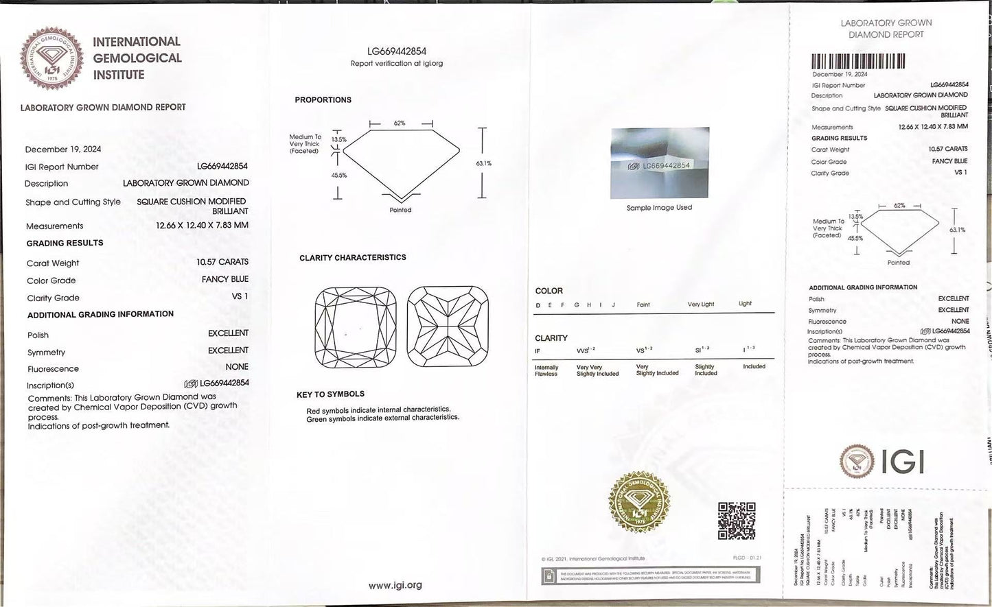 Cushion Cut 10.57ct Fancy Blue VS1 CVD Lab Grown Diamond IGI Certificate LG 669442854