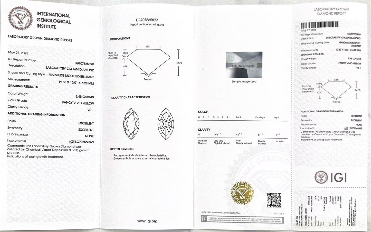 Marquise Cut 8.45ct Fancy Vivid Yellow VS1 CVD Lab Grown Diamond IGI Certificate LG 707565899