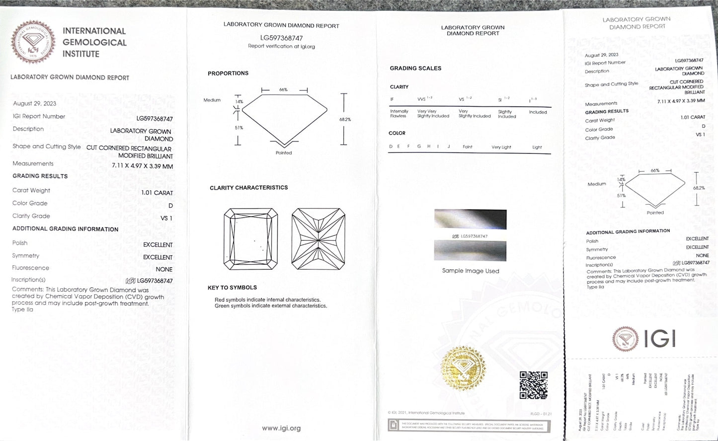 Radiant D VS1 EX EX 1.01ct CVD Lab Grown Diamond with IGI Certificate LG597368747