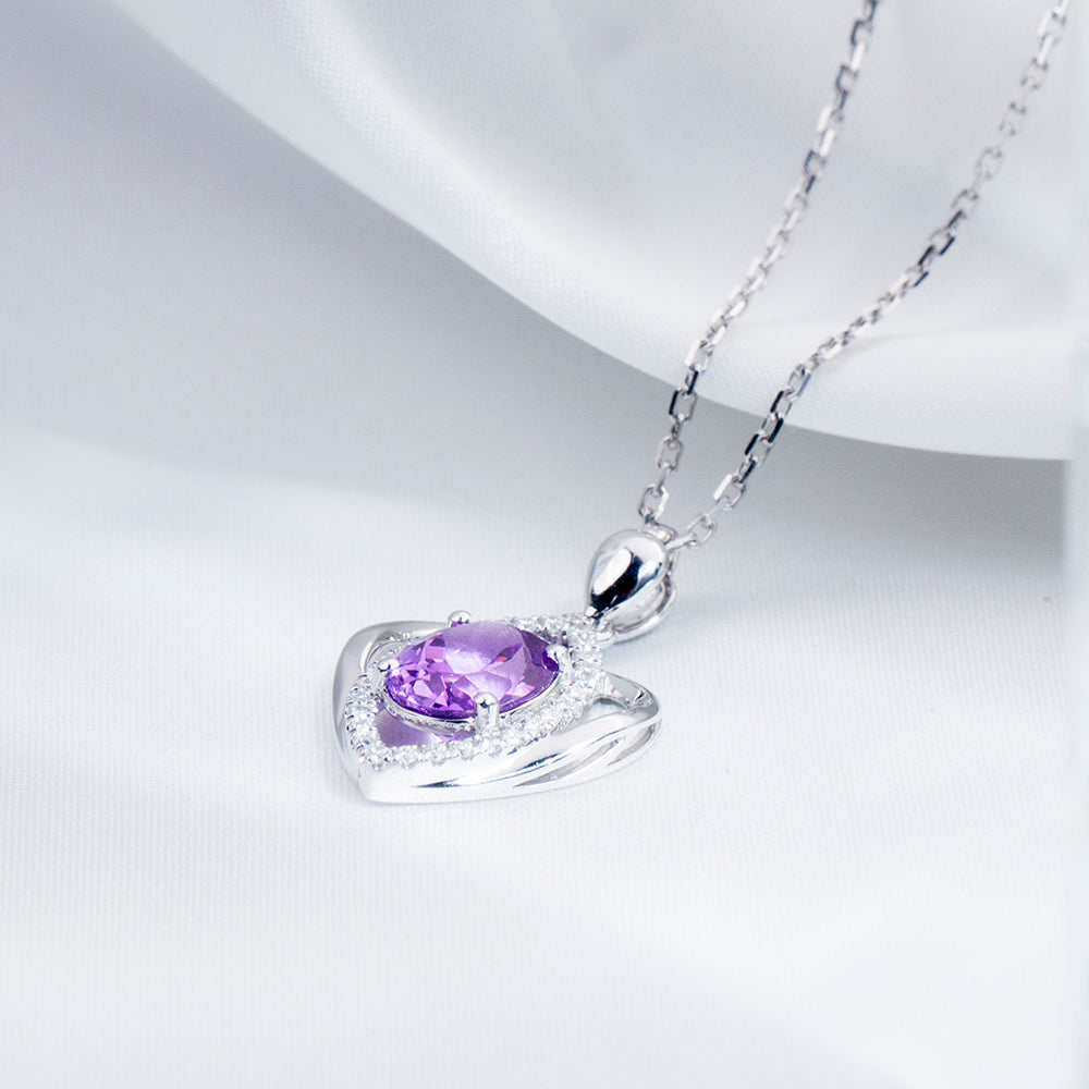 Econ-912 "Amethyst Embrace" Lab-Grown Gemstone Heart Pendant Necklace