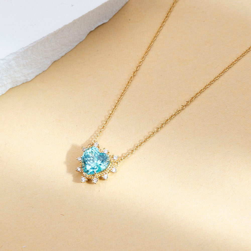 Econ-913 "Ocean Heartlight" Lab-Grown Blue Sapphire Halo Pendant Necklace