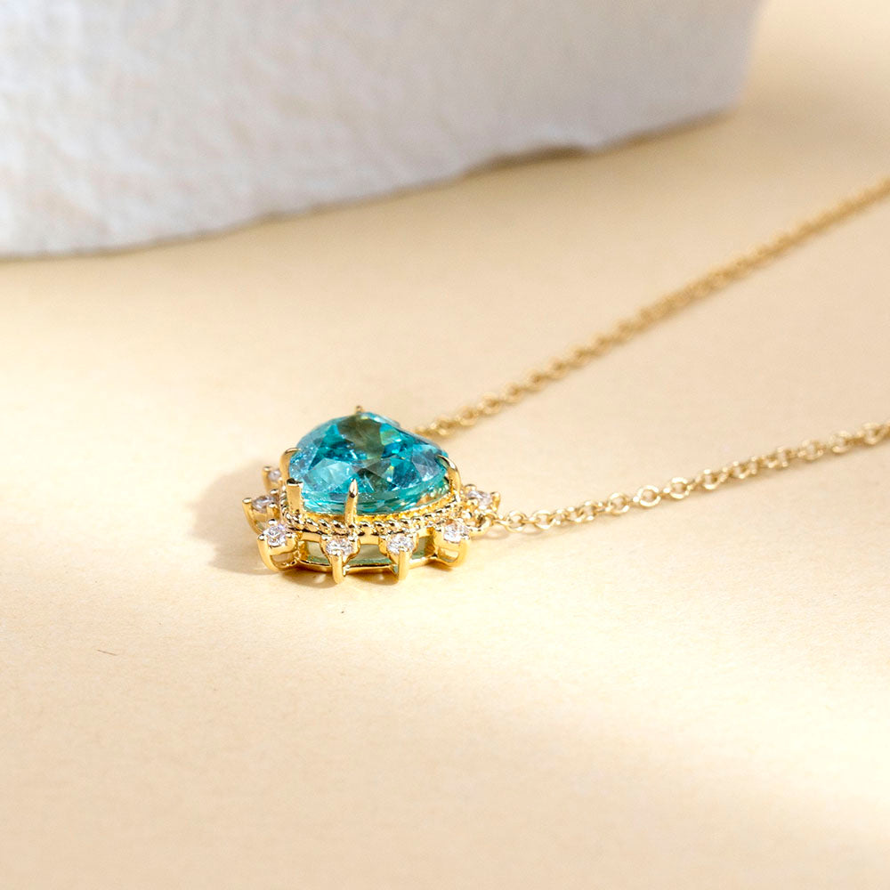 Econ-913 "Ocean Heartlight" Lab-Grown Blue Sapphire Halo Pendant Necklace