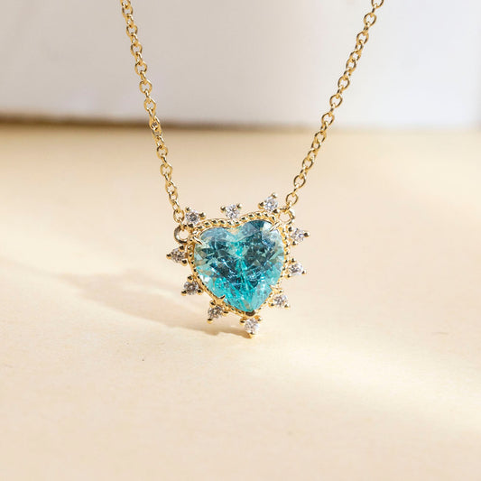 Econ-913 "Ocean Heartlight" Lab-Grown Blue Sapphire Halo Pendant Necklace