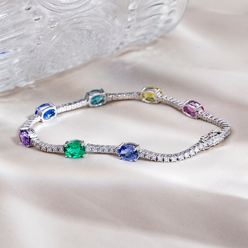 Ecob-635: Symphony of Color – Lab-Grown Gemstone Bracelet in 18K White Gold