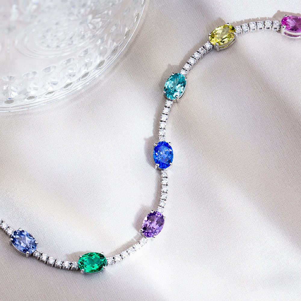 Ecob-635: Symphony of Color – Lab-Grown Gemstone Bracelet in 18K White Gold
