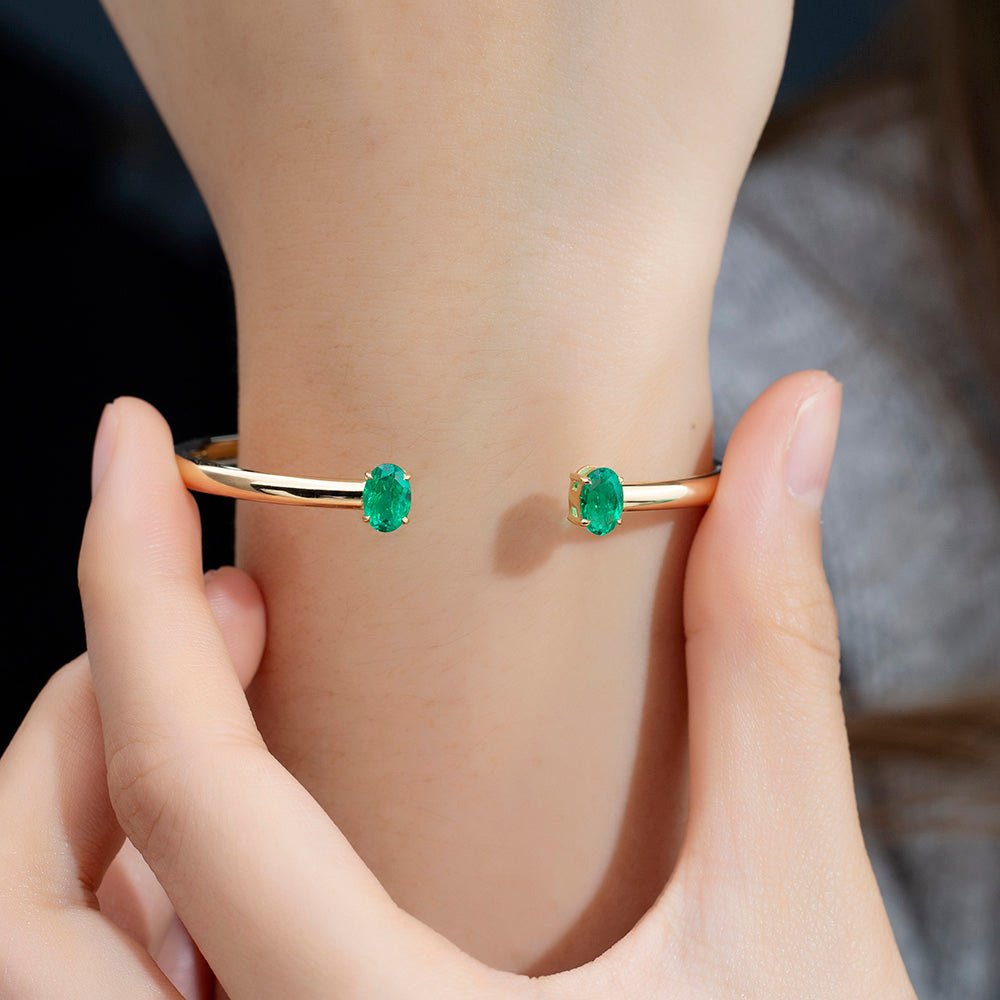 Ecob-632 | Twin Verdure Lab Emerald Open Cuff Bracelet in 18K Gold