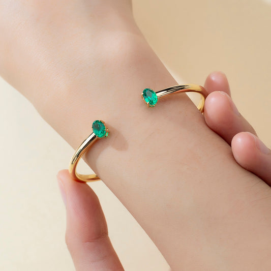 Ecob-632 | Twin Verdure Lab Emerald Open Cuff Bracelet in 18K Gold