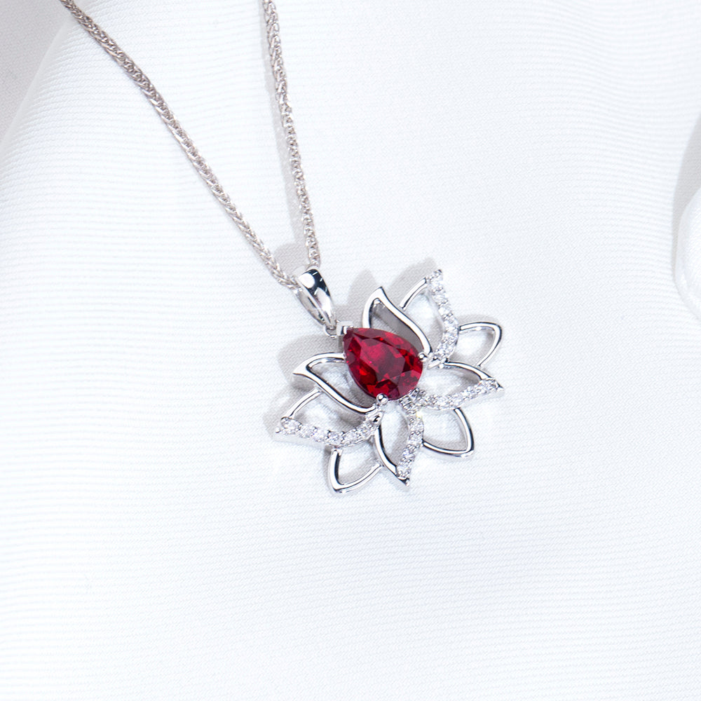 Econ-905 "Lotus Flame" Lab-Grown Ruby Pendant Necklace