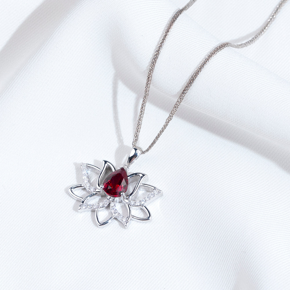 Econ-905 "Lotus Flame" Lab-Grown Ruby Pendant Necklace