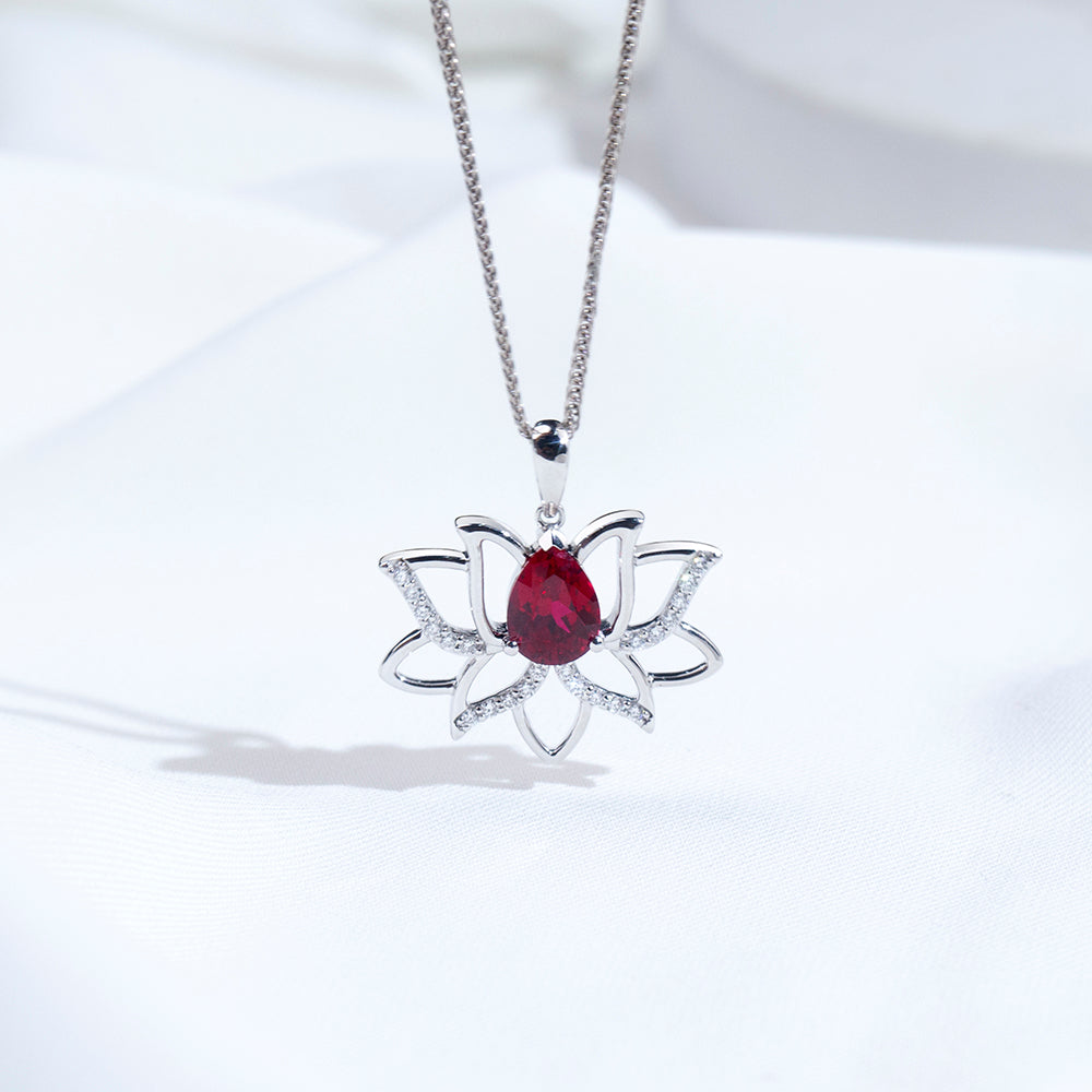 Econ-905 "Lotus Flame" Lab-Grown Ruby Pendant Necklace