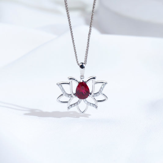 Econ-905 "Lotus Flame" Lab-Grown Ruby Pendant Necklace