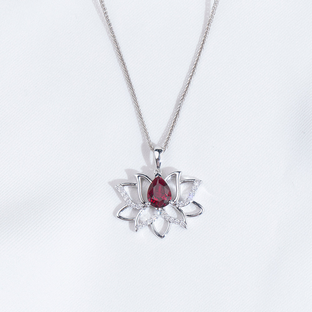 Econ-905 "Lotus Flame" Lab-Grown Ruby Pendant Necklace