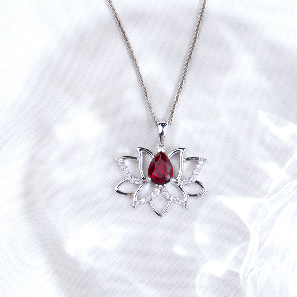 Econ-905 "Lotus Flame" Lab-Grown Ruby Pendant Necklace