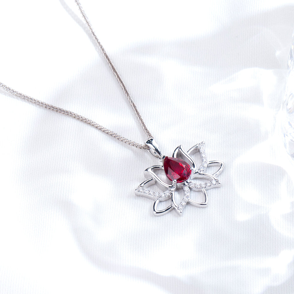 Econ-905 "Lotus Flame" Lab-Grown Ruby Pendant Necklace