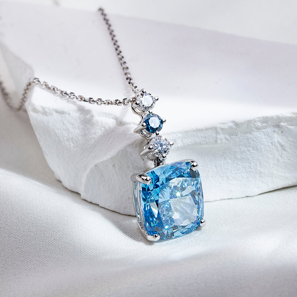 Econ-906 "Azure Cascade" Lab-Grown Blue Sapphire Pendant Necklace
