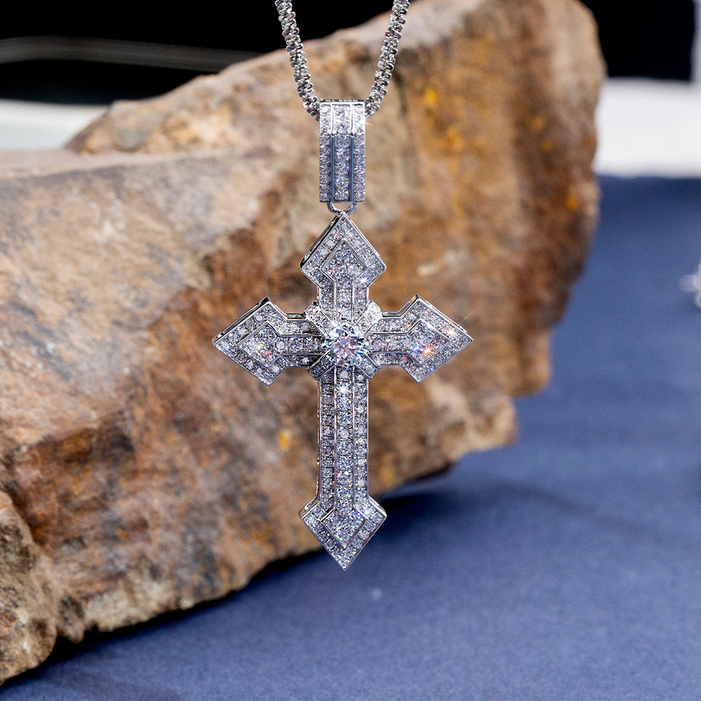 Econ-908 "Sanctum Radiant" Lab-Grown Diamond Pavé Cross Pendant Necklace