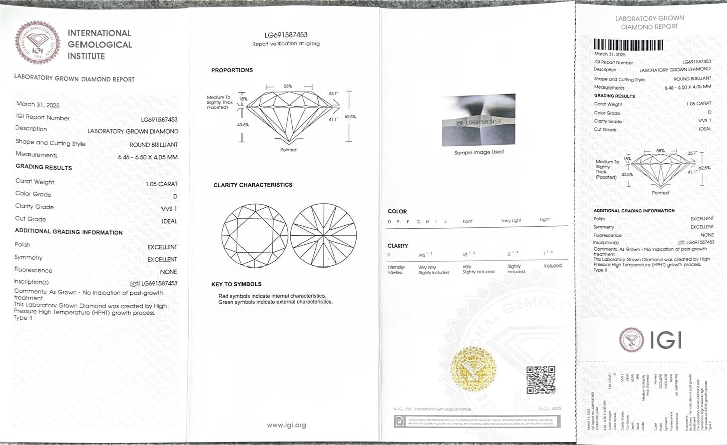 Round Brilliant D VVS1 ID EX EX 1.05ct Lab Grown Diamond with IGI Certificate LG691587453