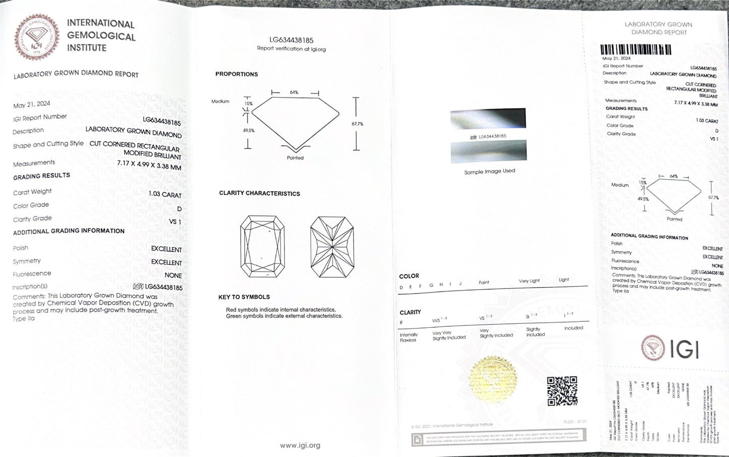Radiant D VS1 EX EX 1.03ct CVD Lab Grown Diamond with IGI Certificate LG634438185