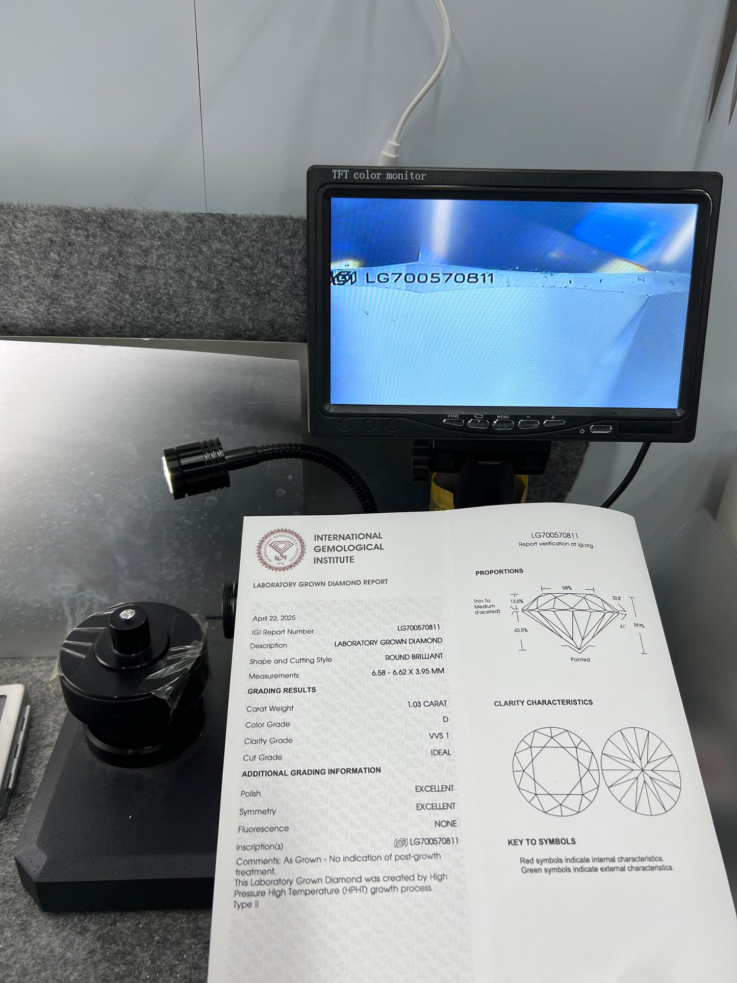 Round Brilliant D VVS1 ID EX EX 1.03ct Lab Grown Diamond with IGI Certificate LG700570811 HPHT
