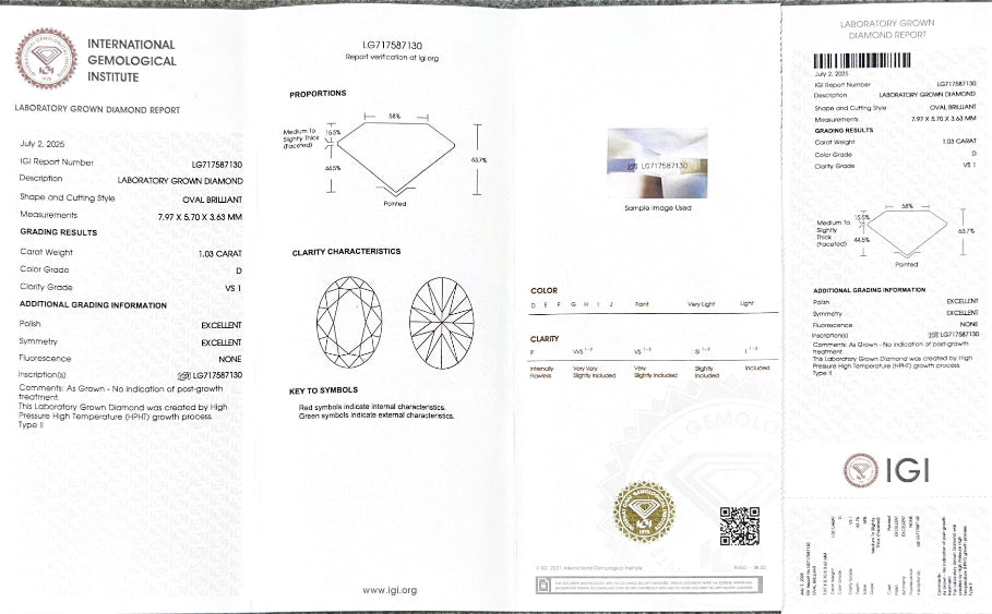 Oval Brilliant D VS1 EX 1.03ct HPHT Lab Grown Diamond with IGI Certificate LG717587130