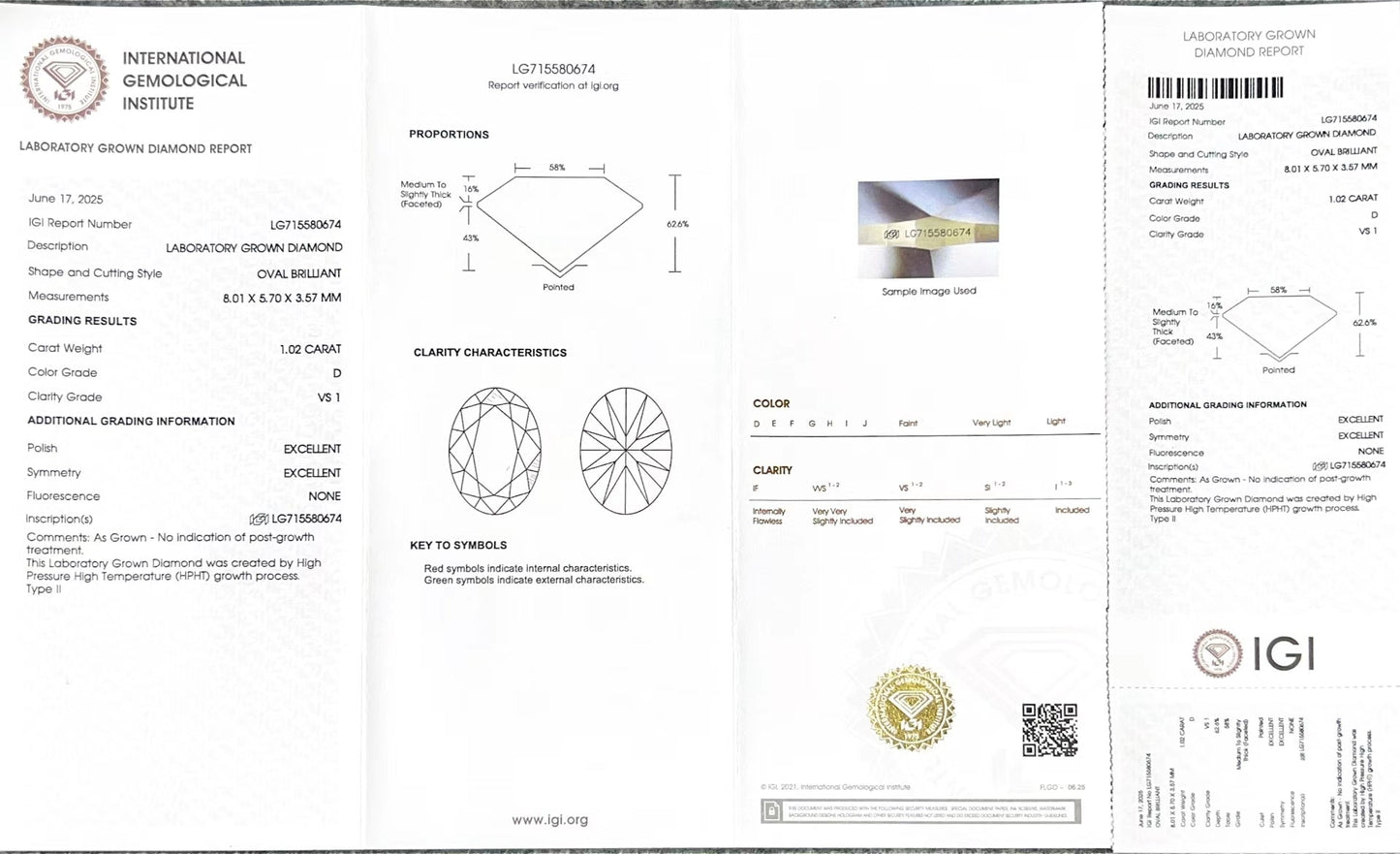 Oval Brilliant D VS1 EX 1.02ct Lab Grown Diamond with IGI Certificate LG715580674