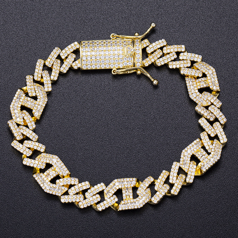 Ecogemma Ecoc-456: Geometric Ice-Out Moissanite Cuban Link Bracelet in Custom Gold Finishes