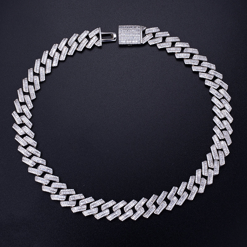 Ecogemma Ecoc-457: Ice-Out Moissanite Rectangular Cuban Link Set in Platinum-Toned Brilliance