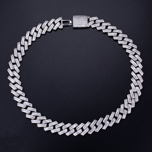 Ecogemma Ecoc-457: Ice-Out Moissanite Rectangular Cuban Link Set in Platinum-Toned Brilliance
