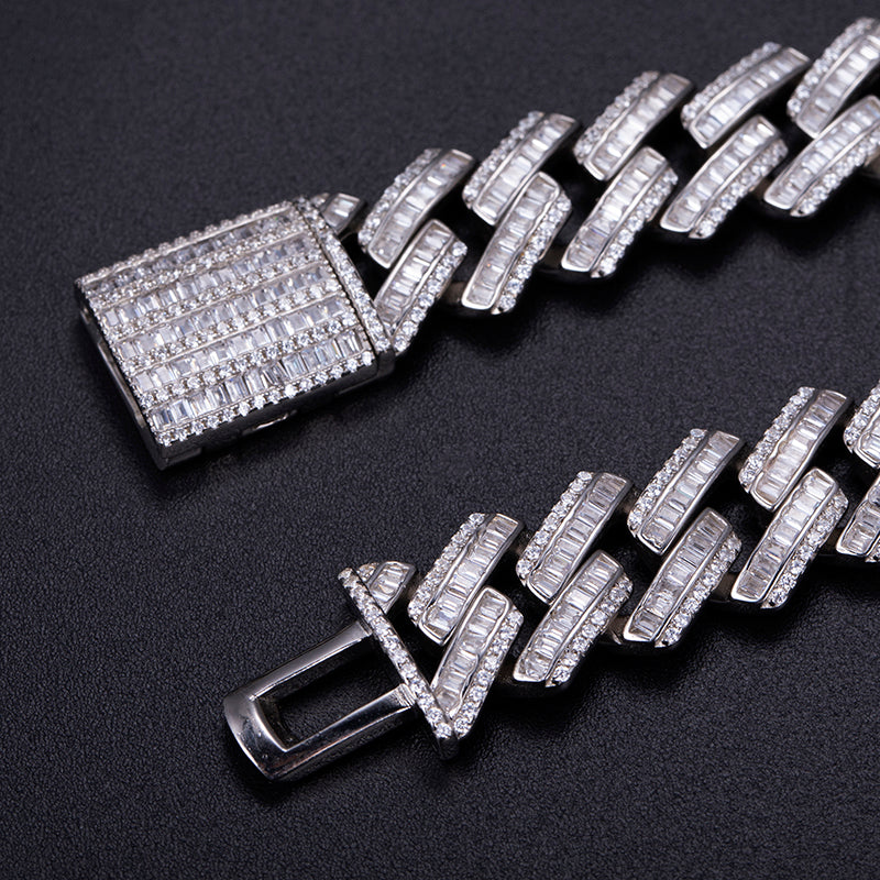 Ecogemma Ecoc-457: Ice-Out Moissanite Rectangular Cuban Link Set in Platinum-Toned Brilliance