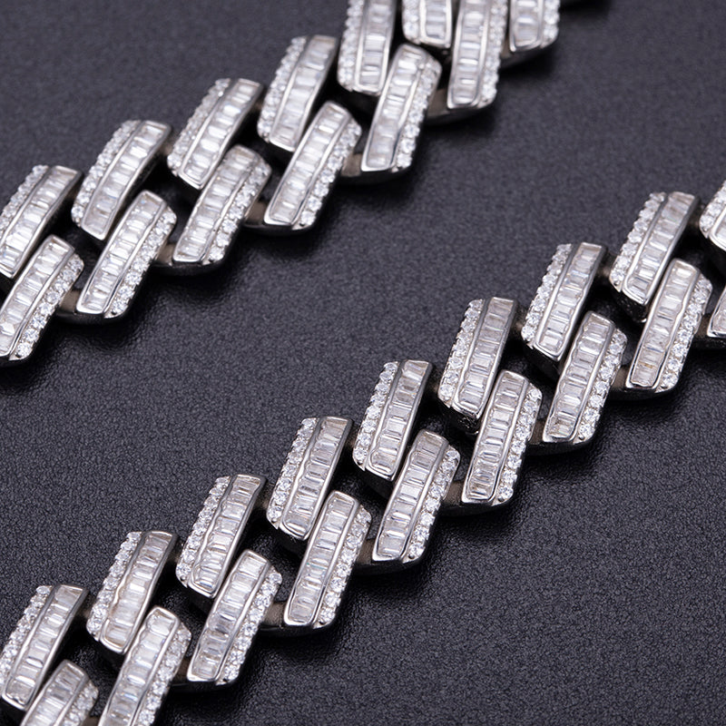 Ecogemma Ecoc-457: Ice-Out Moissanite Rectangular Cuban Link Set in Platinum-Toned Brilliance