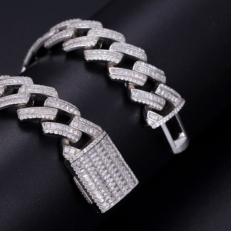 Ecogemma Ecoc-457: Ice-Out Moissanite Rectangular Cuban Link Set in Platinum-Toned Brilliance