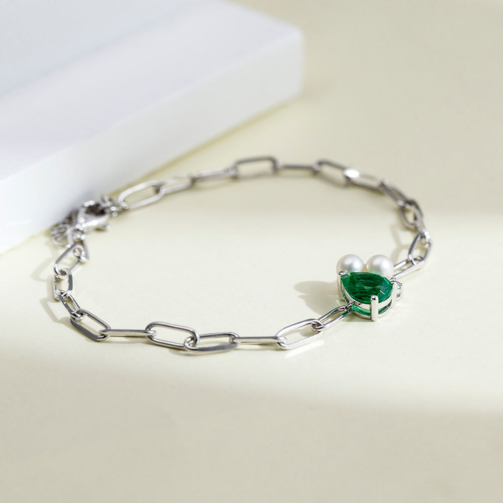 Ecob-618 | Verdant Grace Heart Gemstone & Pearl Bracelet in 18K Gold