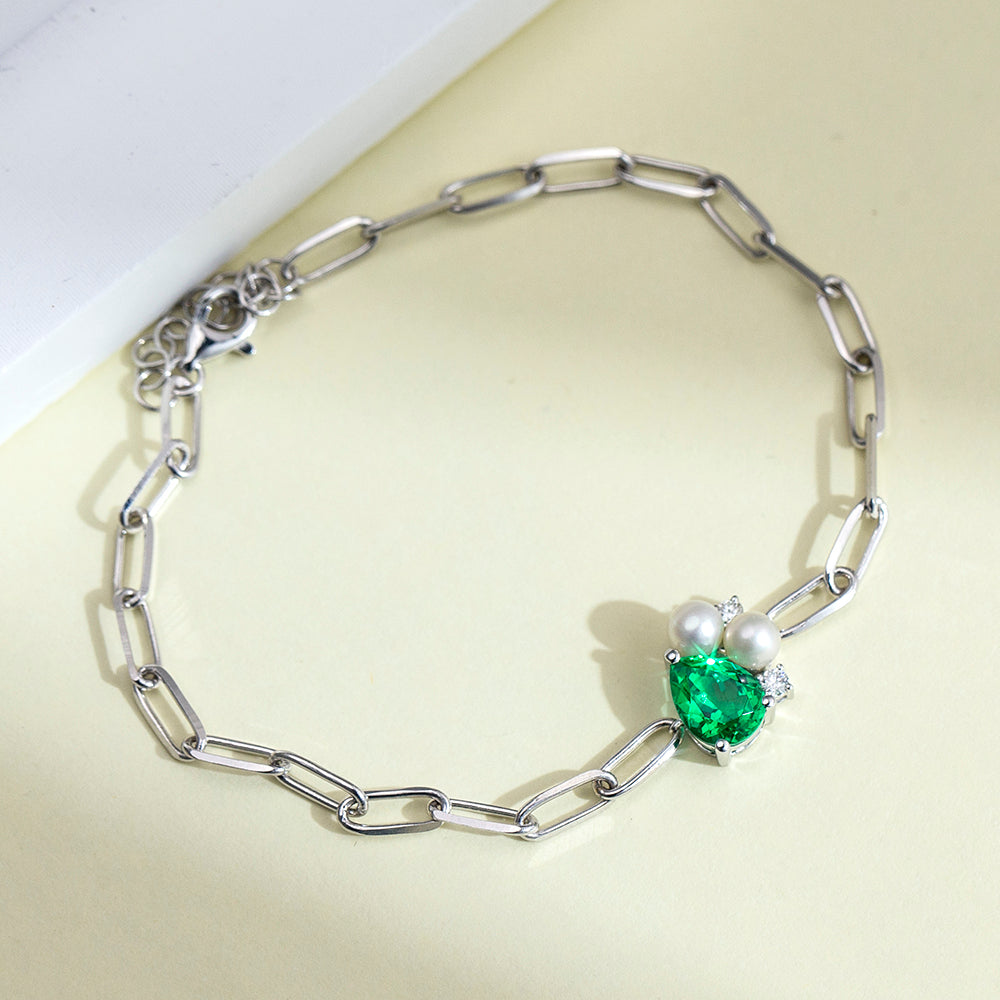 Ecob-618 | Verdant Grace Heart Gemstone & Pearl Bracelet in 18K Gold