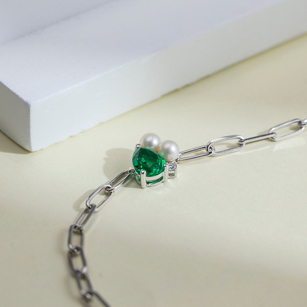Ecob-618 | Verdant Grace Heart Gemstone & Pearl Bracelet in 18K Gold
