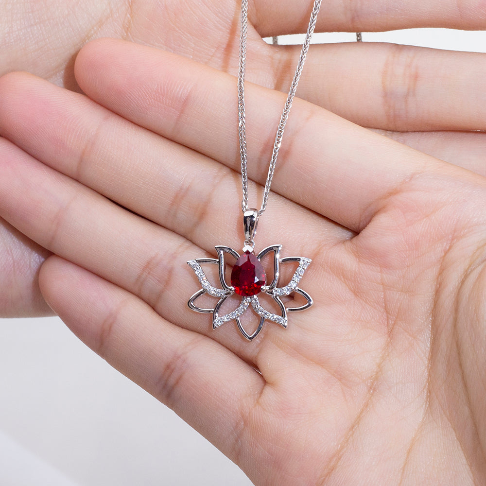 Econ-905 "Lotus Flame" Lab-Grown Ruby Pendant Necklace