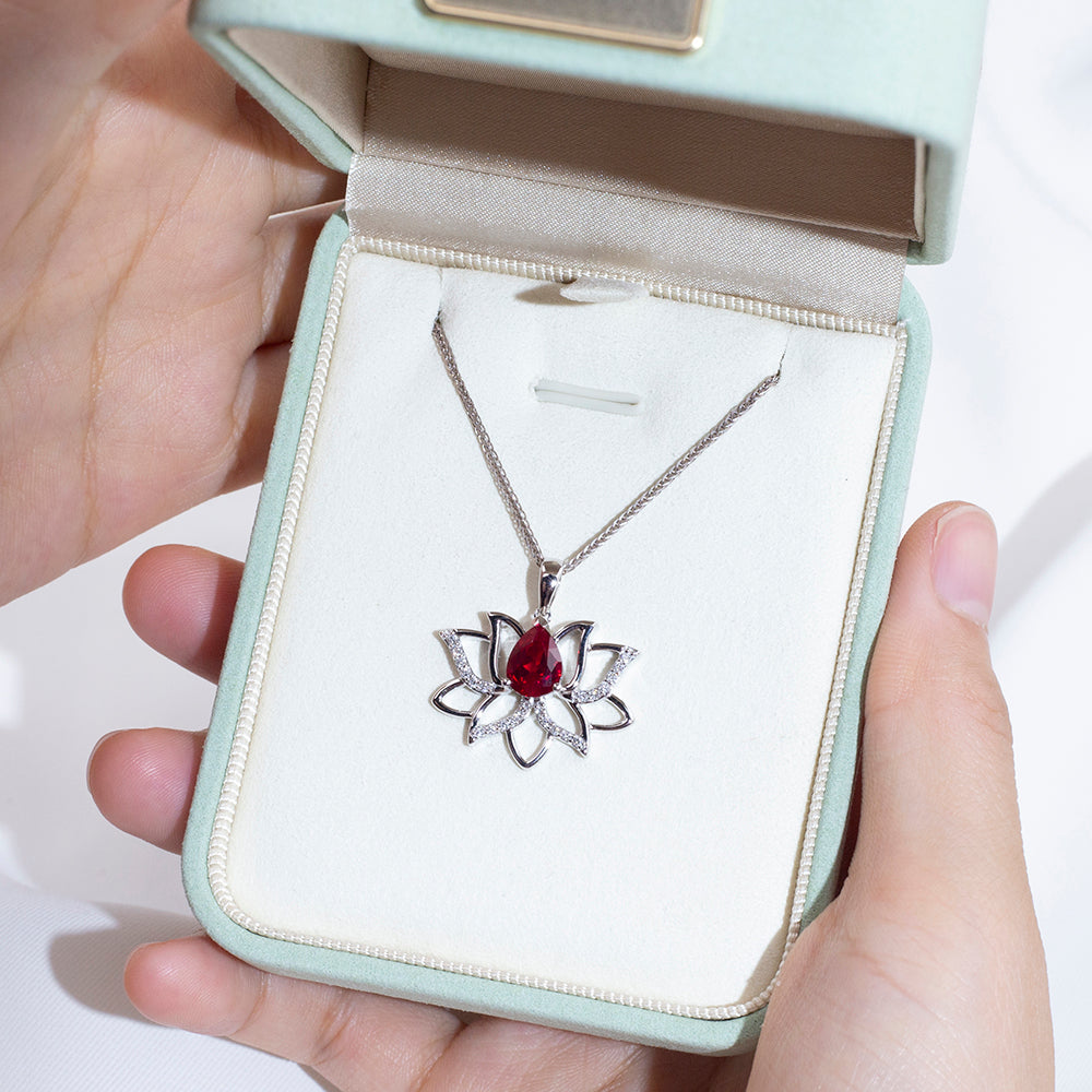 Econ-905 "Lotus Flame" Lab-Grown Ruby Pendant Necklace