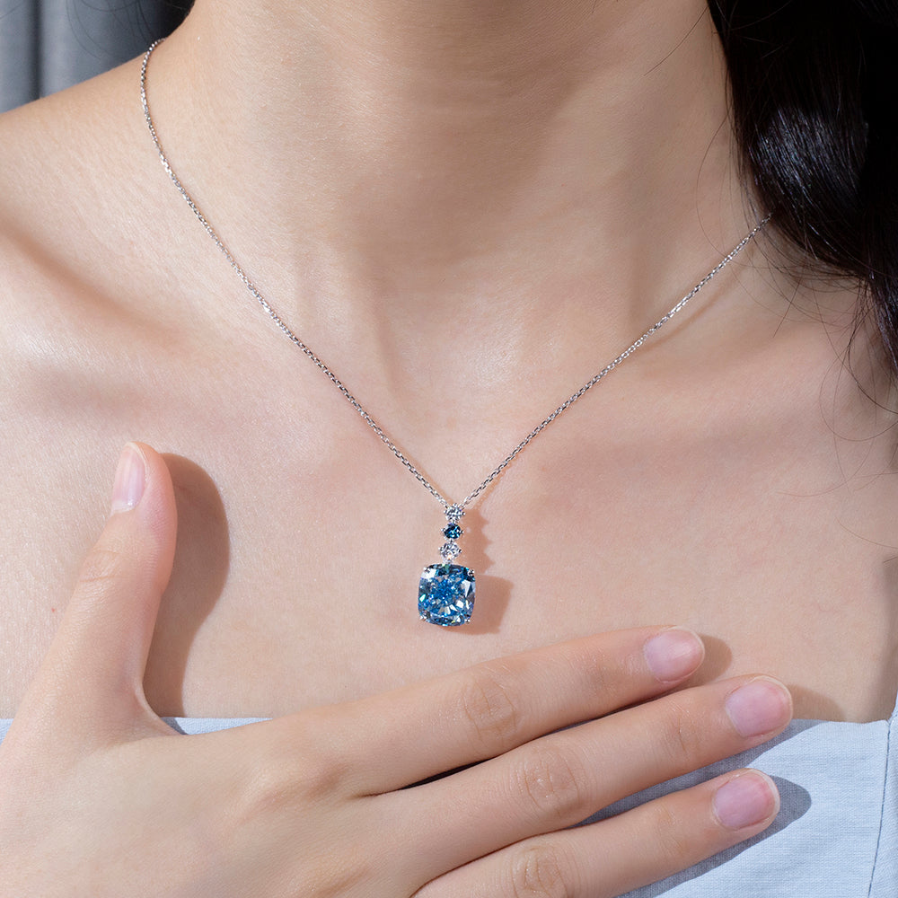 Econ-906 "Azure Cascade" Lab-Grown Blue Sapphire Pendant Necklace