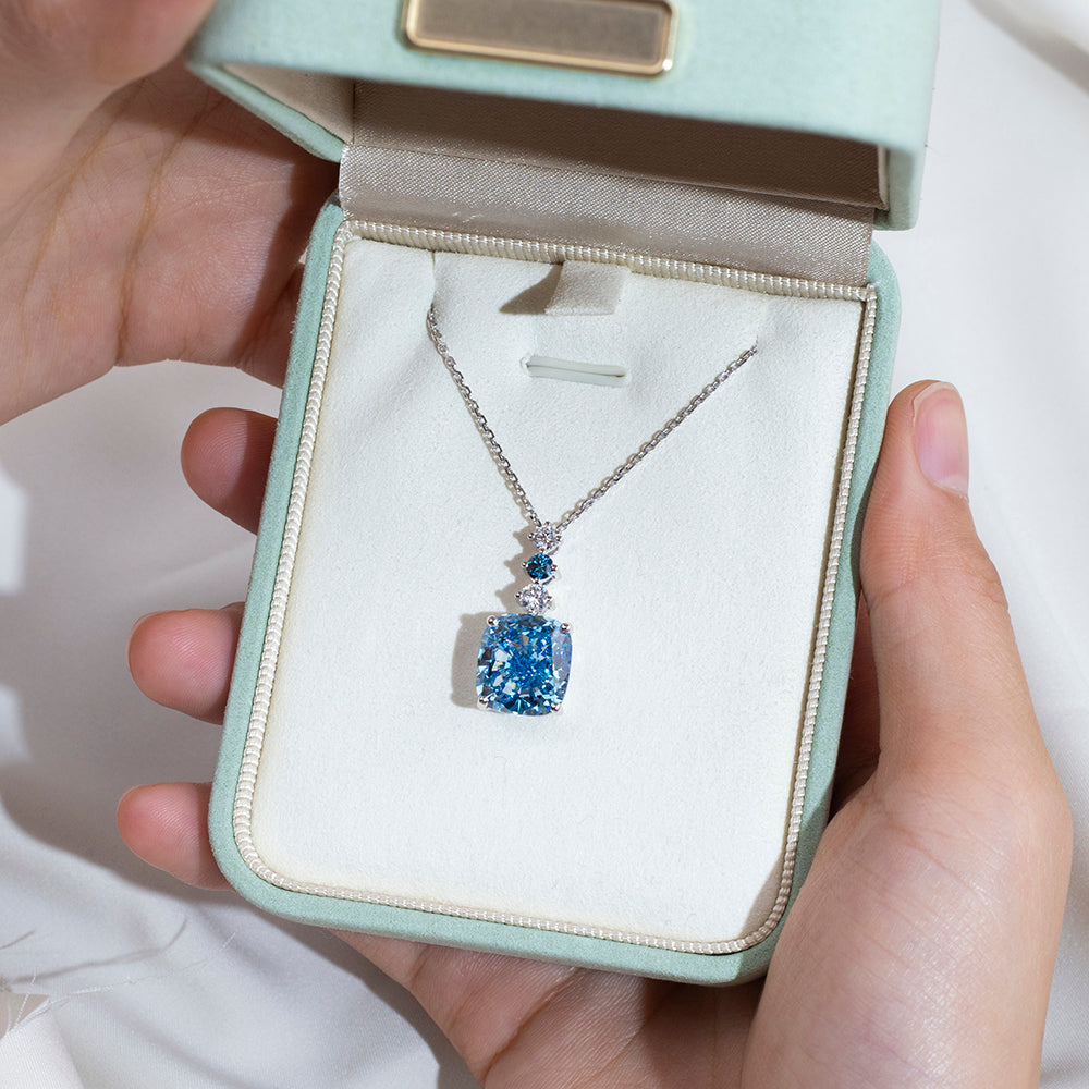 Econ-906 "Azure Cascade" Lab-Grown Blue Sapphire Pendant Necklace