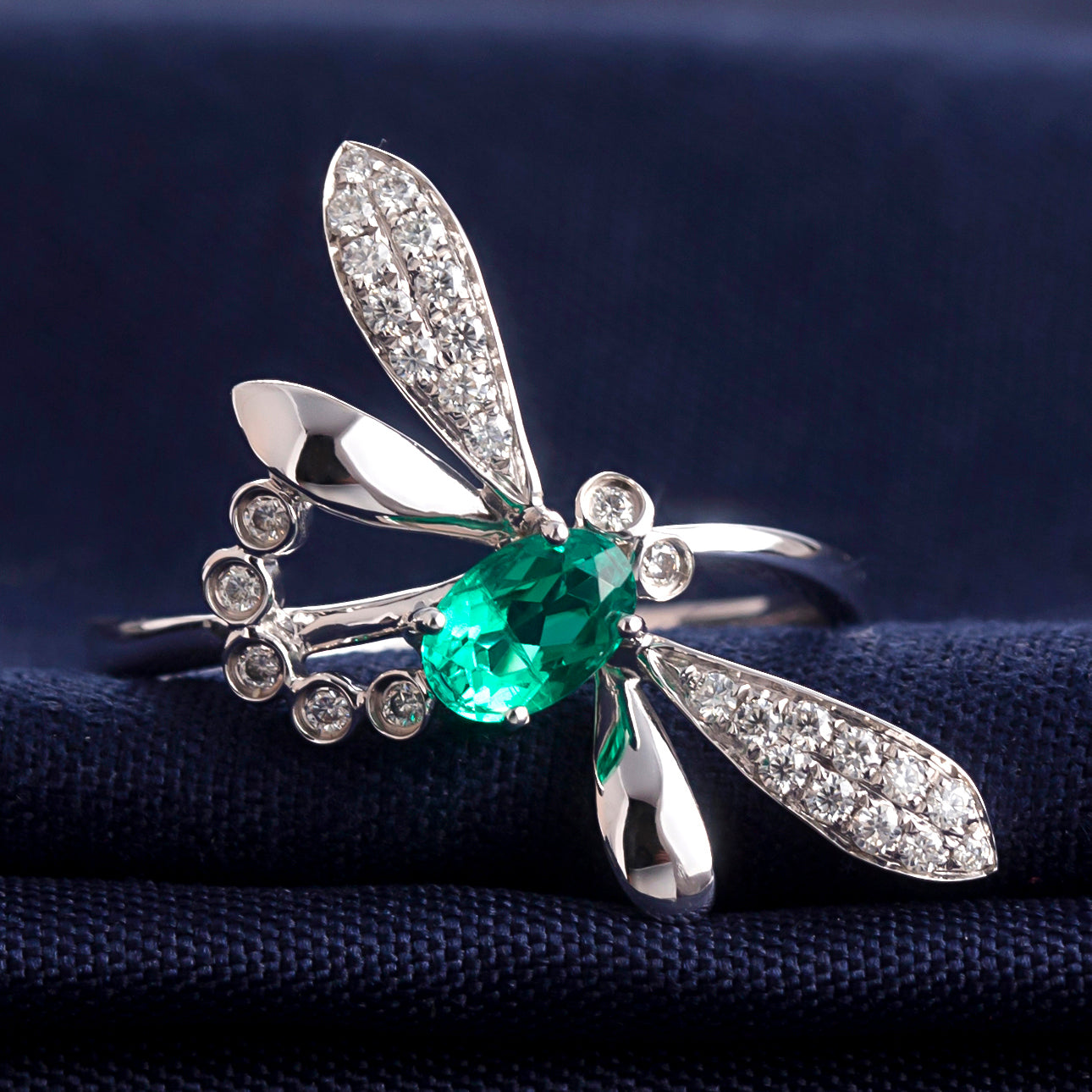 Eco—027: Lab-Grown Emerald & Diamond Ring in 18K White Gold By Ecogemma