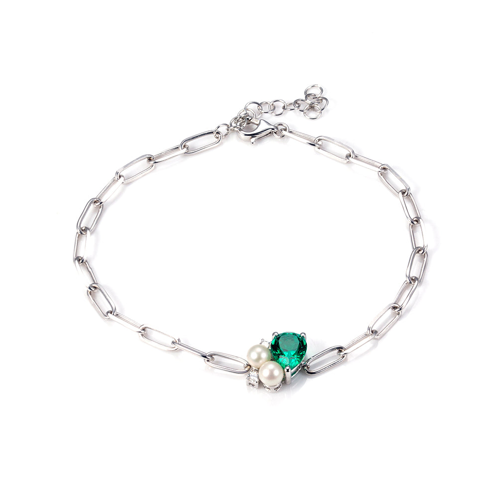 Ecob-618 | Verdant Grace Heart Gemstone & Pearl Bracelet in 18K Gold