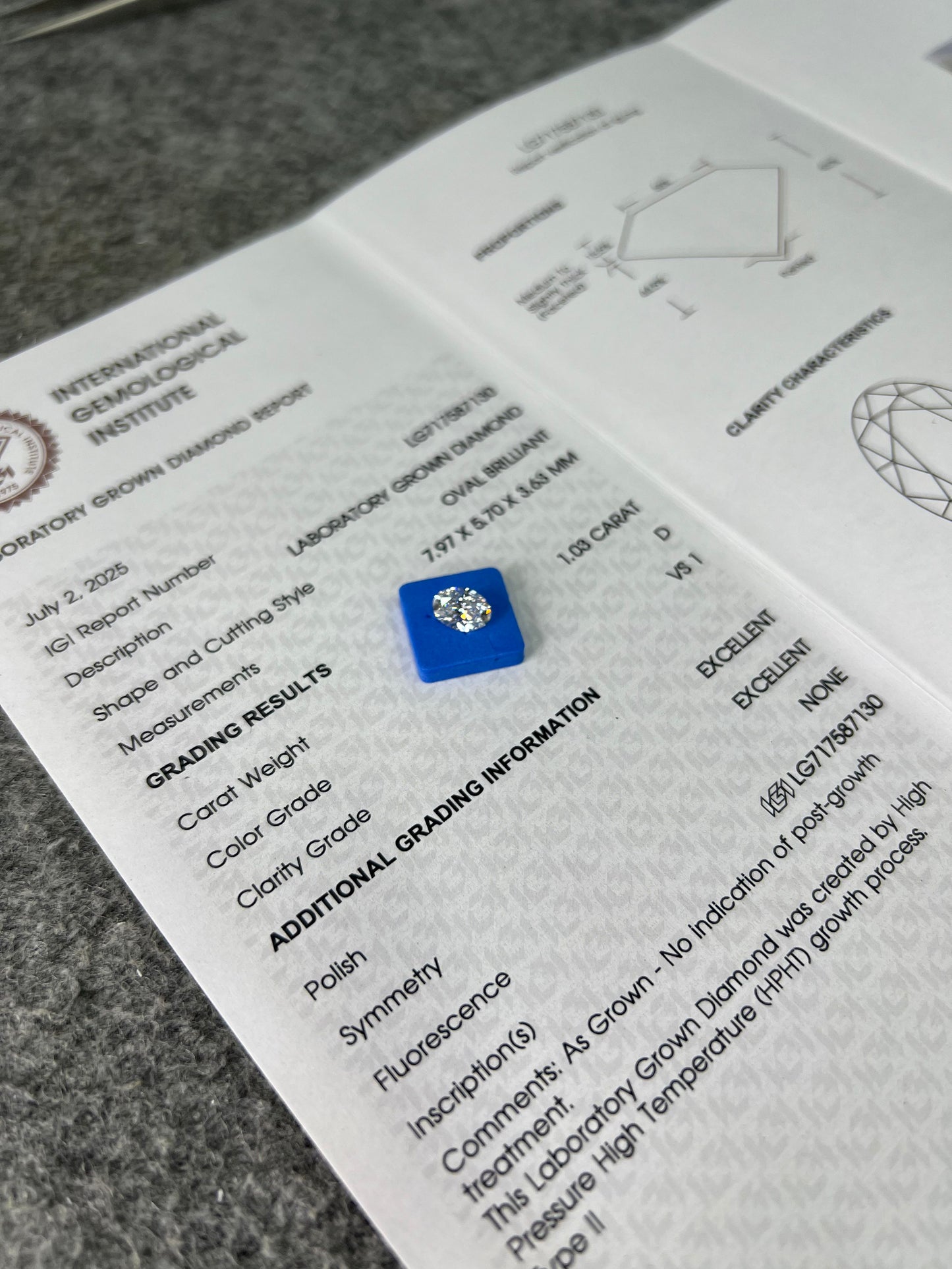 Oval Brilliant D VS1 EX 1.03ct HPHT Lab Grown Diamond with IGI Certificate LG717587130