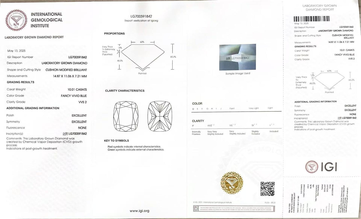 Cushion Cut 10.01ct Fancy Vivid Blue VVS2 CVD Lab Grown Diamond IGI Certificate LG 700591842