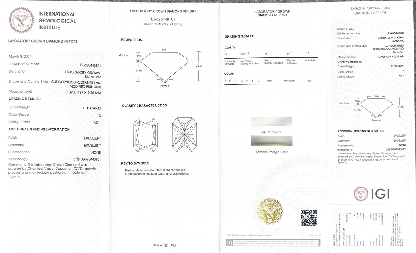 Radiant D VS1 EX EX 1ct CVD Lab Grown Diamond with IGI Certificate LG625448101