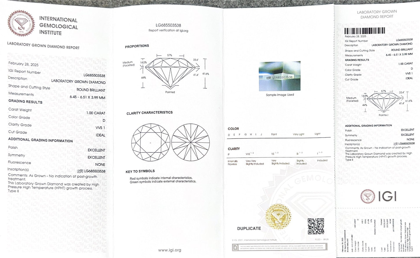 Round Brilliant D VVS1 ID EX EX 1ct Lab Grown Diamond with IGI Certificate LG685503538 HPHT