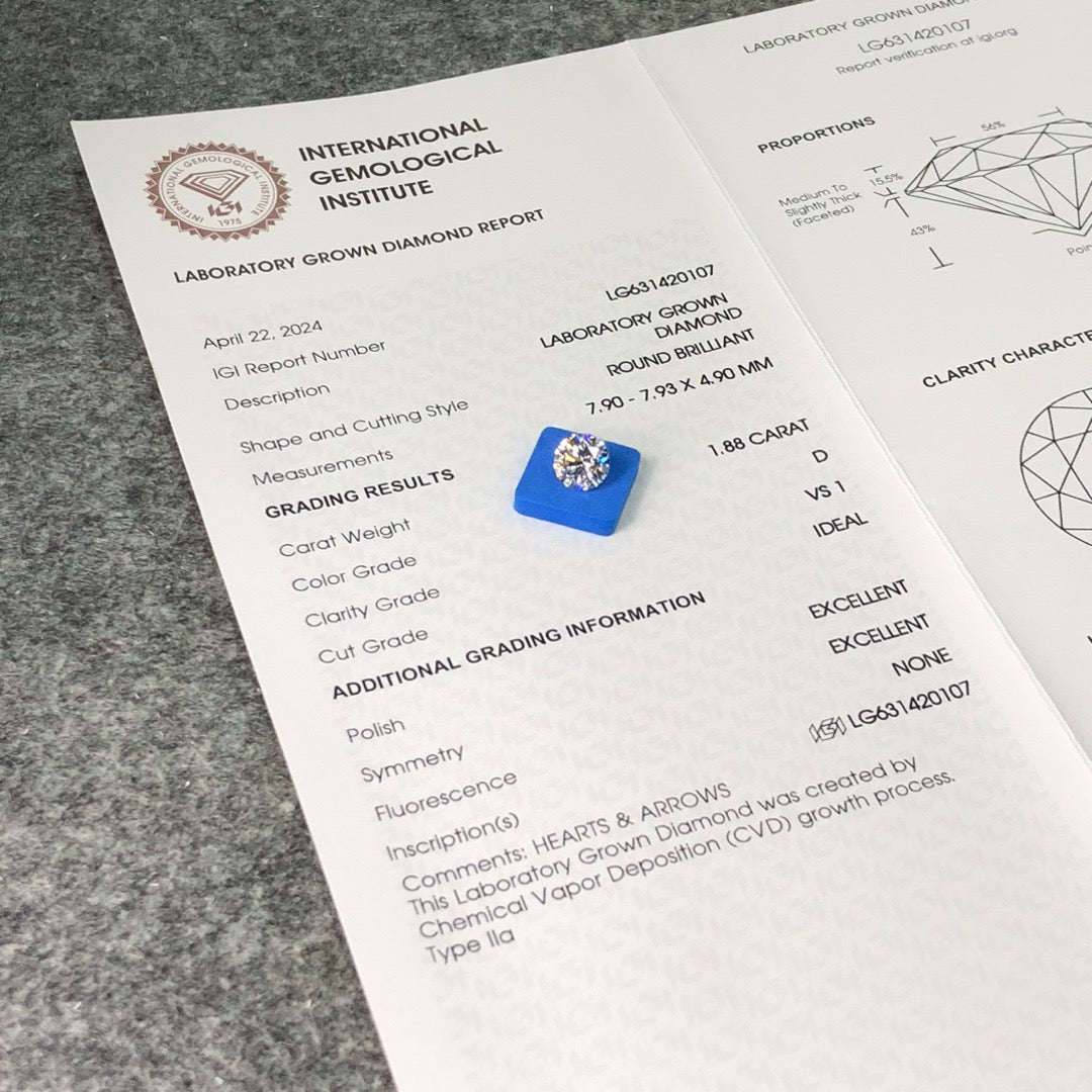 Round Brilliant D VS1 ID EX EX 1.88ct Lab Grown Diamond with IGI Certificate LG631420107 CVD