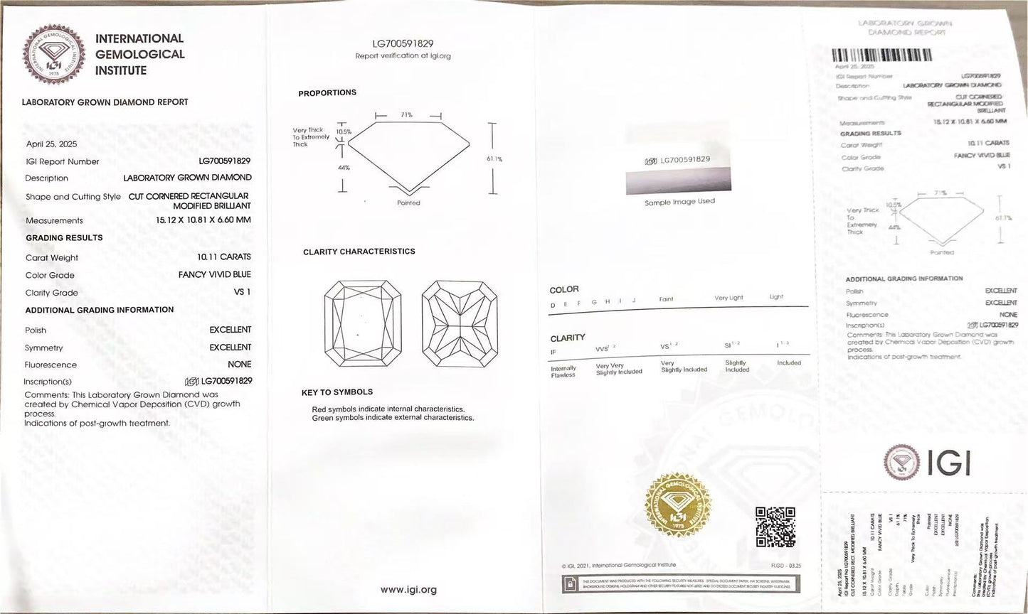 Radiant Cut 10.11ct Fancy Vivid Blue VS1 CVD Lab Grown Diamond IGI Certificate LG 700591829