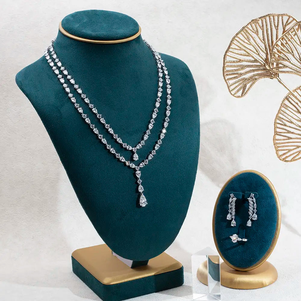 Ecogemma-853 Couture Trilogy: Custom 160+ Lab Diamond Suite in 18K White Gold (Tennis Necklace, Earrings & Ring)