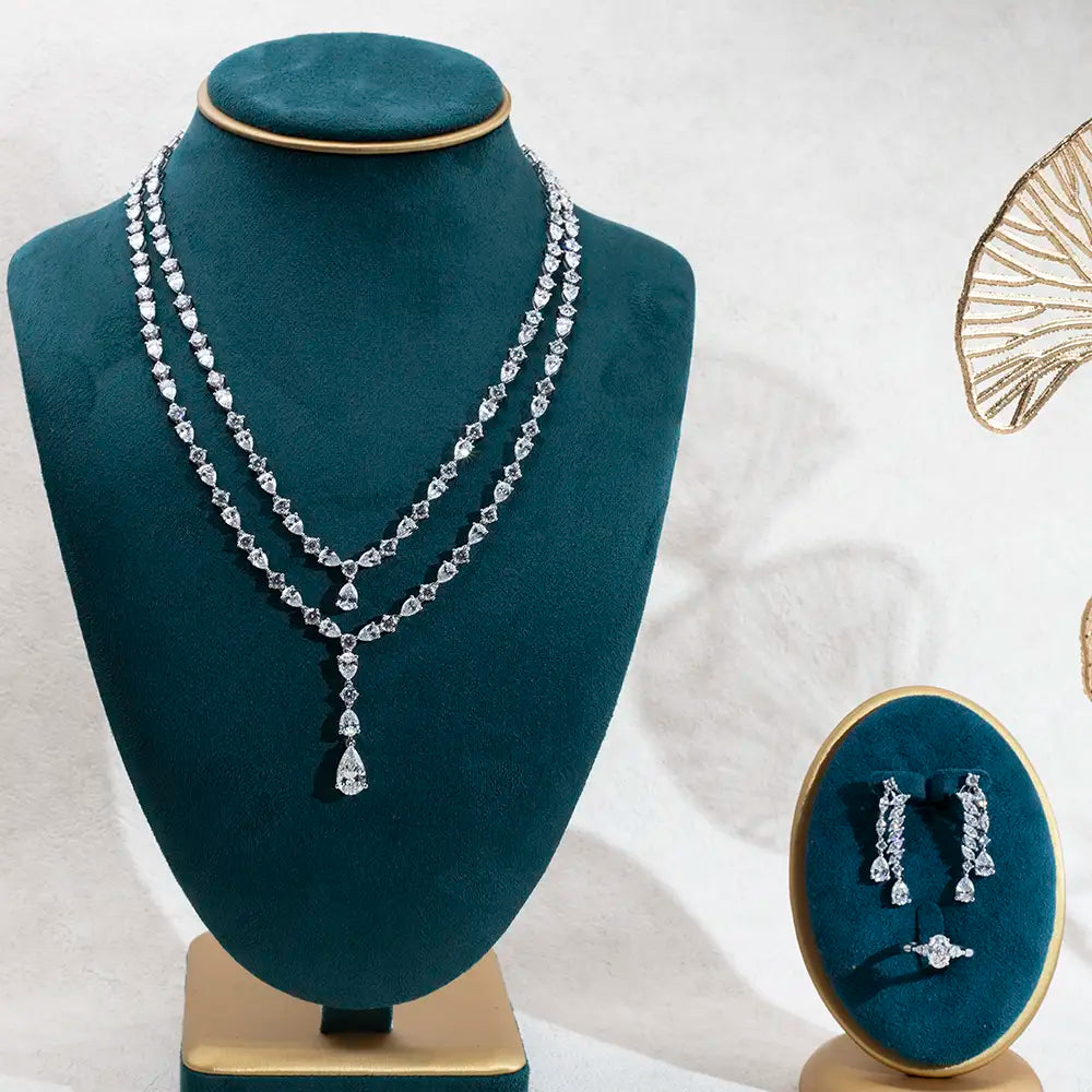 Ecogemma-853 Couture Trilogy: Custom 160+ Lab Diamond Suite in 18K White Gold (Tennis Necklace, Earrings & Ring)