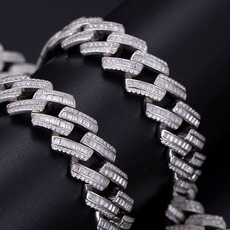 Ecogemma Ecoc-457: Ice-Out Moissanite Rectangular Cuban Link Set in Platinum-Toned Brilliance