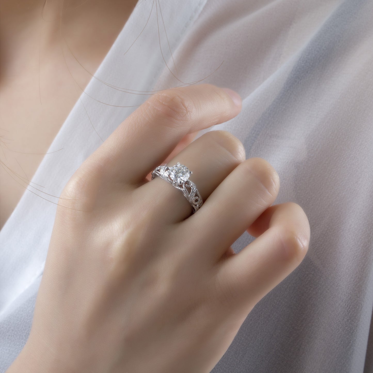 Eco-001 | Lab-Grown Diamond Filigree Ring in 18K White Gold By Ecogemma
